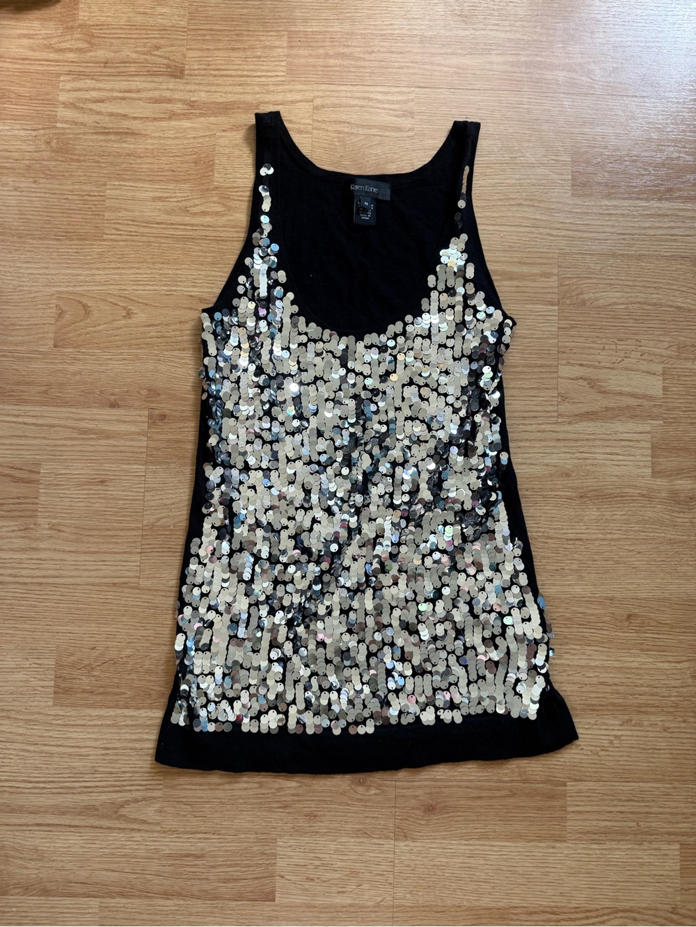 Karen Kane Sequin Paillette Scoop Neck Tank Top Black Silver M Excellent
